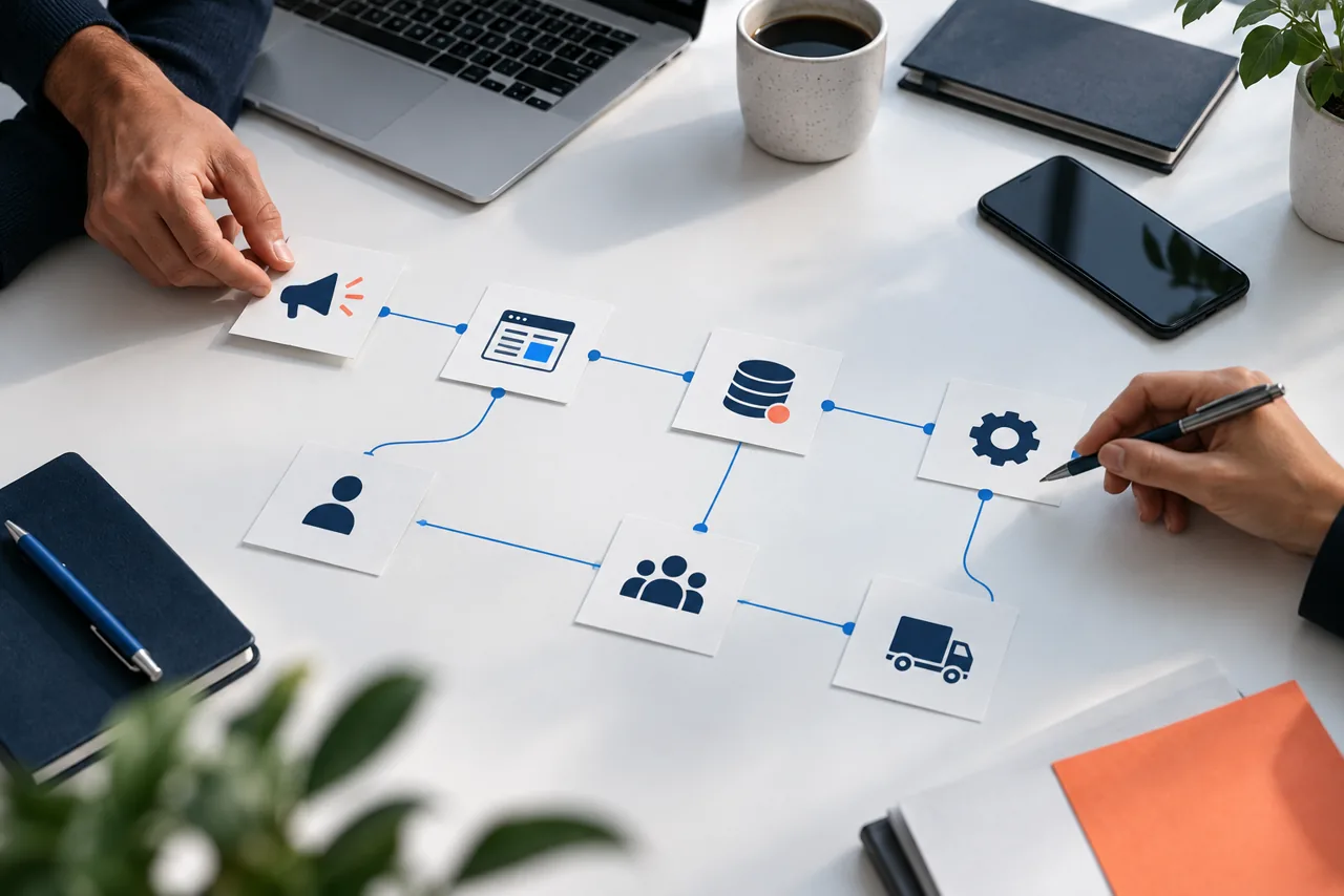 Mapa visual conectando campanha, página, dados, clientes e operação em uma mesa de trabalho